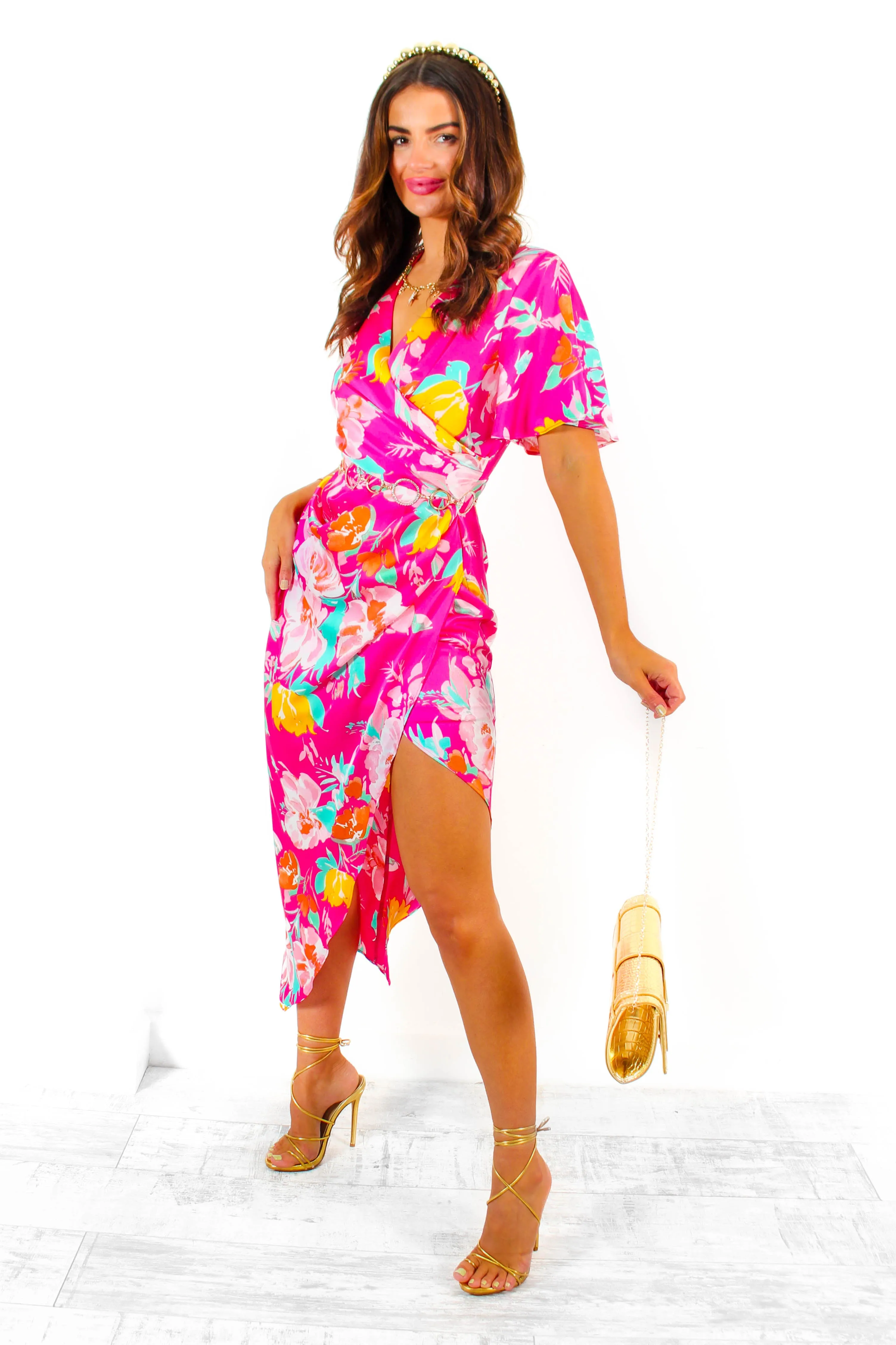 A Class Of Your Own - Pink Multi Floral Angel Sleeve Midi Dress