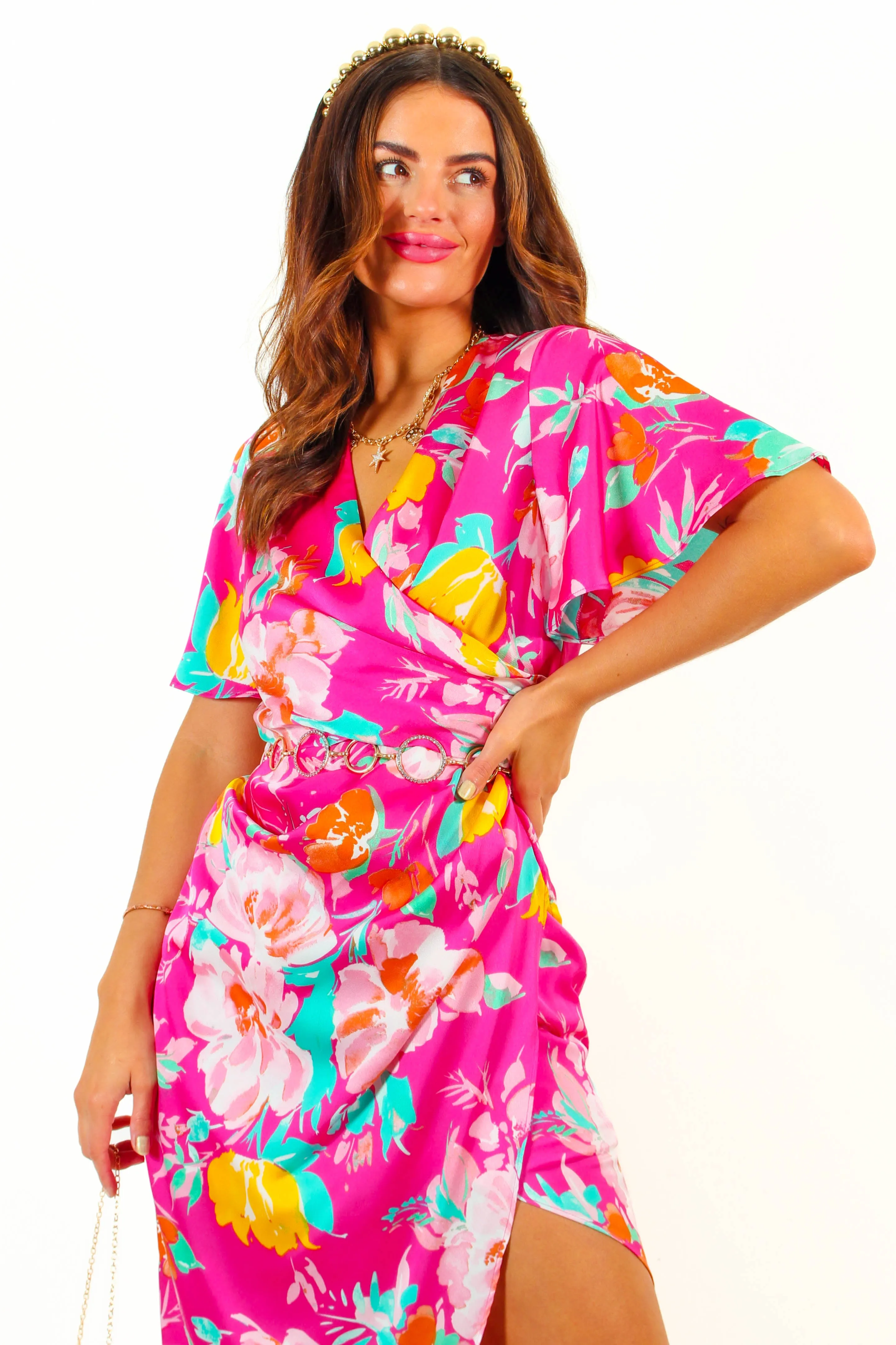 A Class Of Your Own - Pink Multi Floral Angel Sleeve Midi Dress