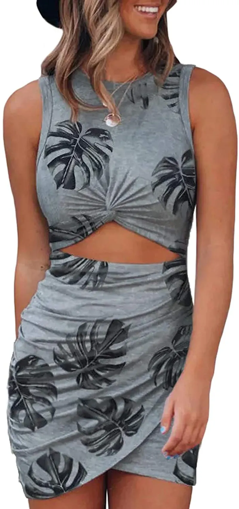 Acelitt Women's Sleeveless Hollow Out Twist Bodycon Dress Wrap Slim Fit Party Evening Dresses