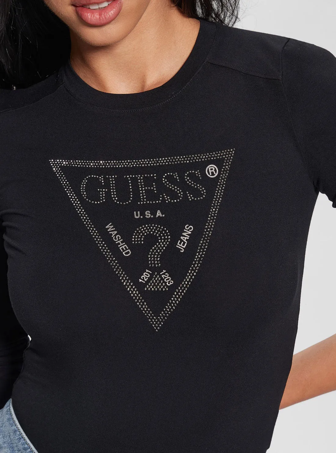 Black Rhinestone Logo Bodysuit Top