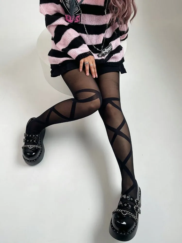 Black Semi-sheer Crisscorss Banded Print Lolita Tights