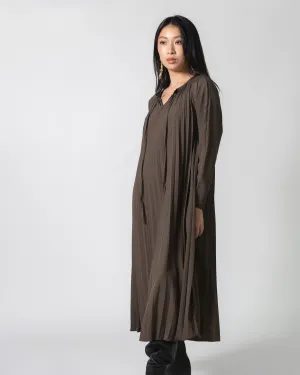 Brown Pleated Tie Dress