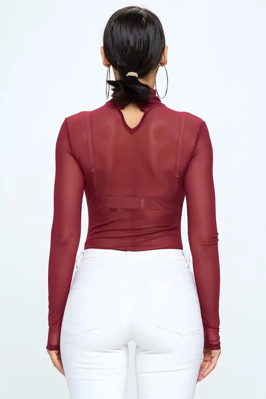 BURGUNDY MESH BODYSUIT WITH MOCK TURTLE NECK