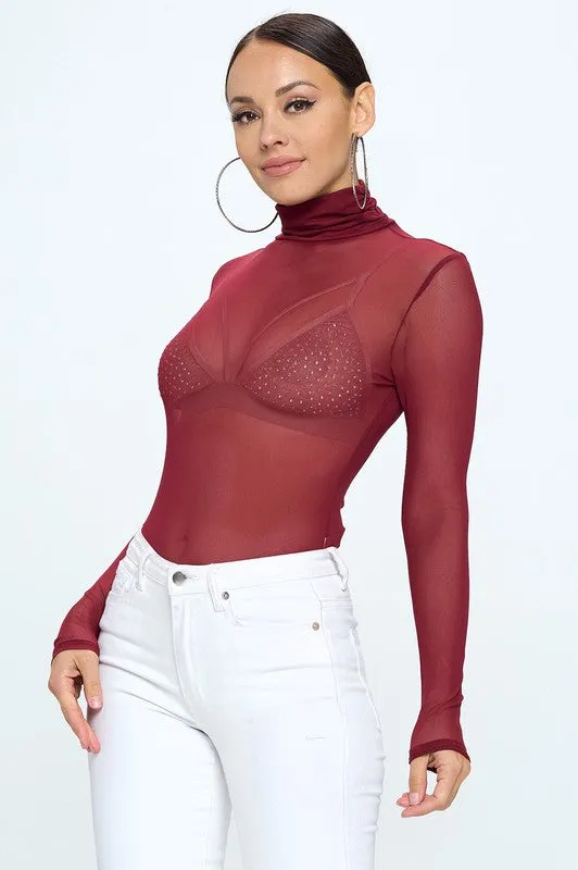 BURGUNDY MESH BODYSUIT WITH MOCK TURTLE NECK