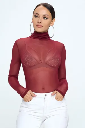 BURGUNDY MESH BODYSUIT WITH MOCK TURTLE NECK