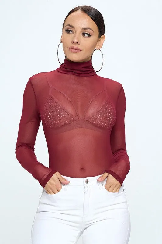 BURGUNDY MESH BODYSUIT WITH MOCK TURTLE NECK