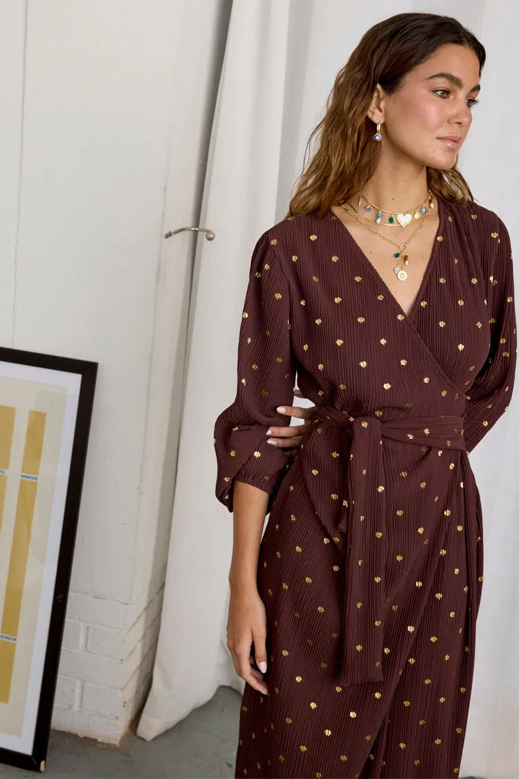 Chocolate Plisse Wrap Dress