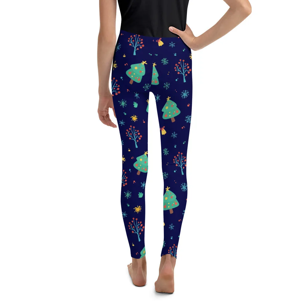 Christmas Tree Girls Leggings (8-20), Blue Youth Teen Cute Printed Kids Yoga Pants Graphic Fun Tights Gift Daughter 