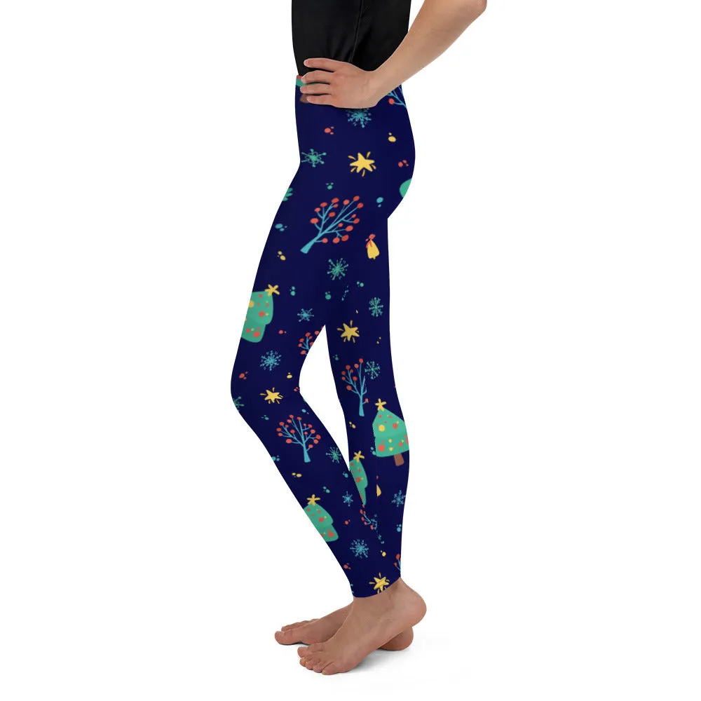 Christmas Tree Girls Leggings (8-20), Blue Youth Teen Cute Printed Kids Yoga Pants Graphic Fun Tights Gift Daughter 