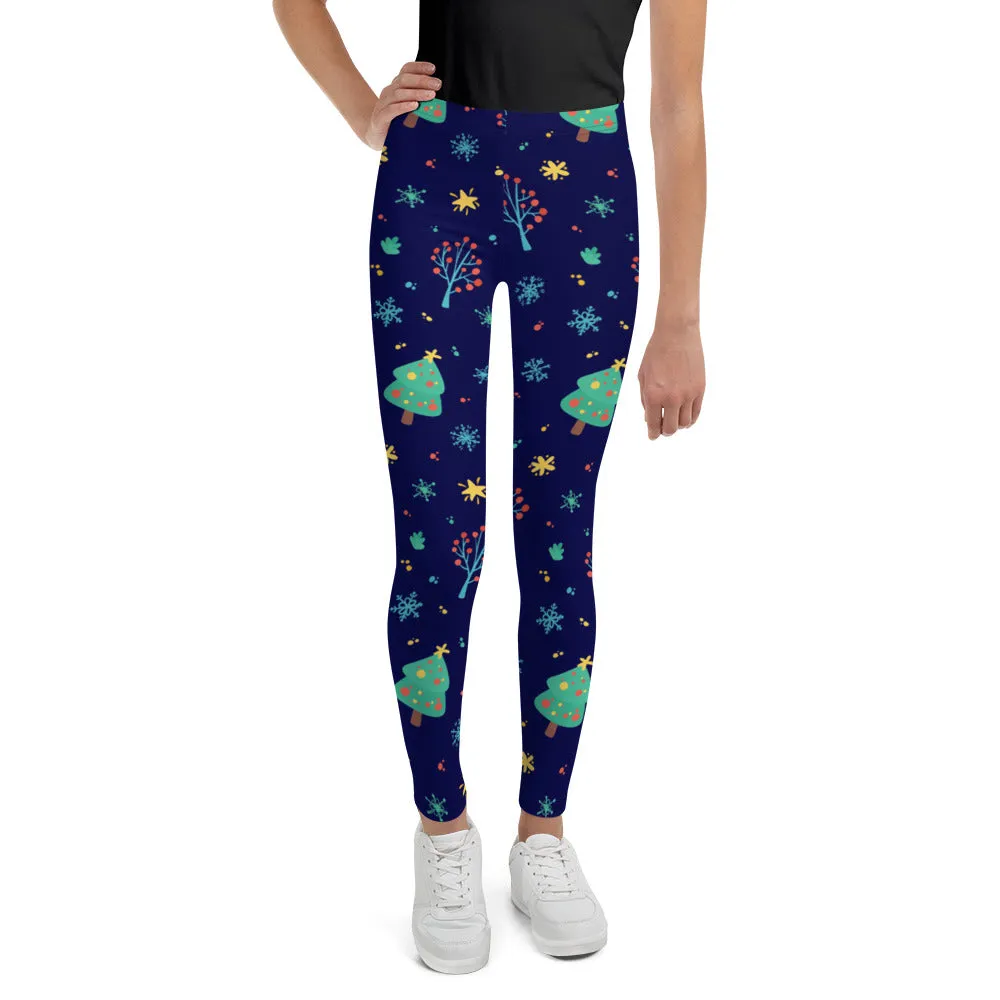 Christmas Tree Girls Leggings (8-20), Blue Youth Teen Cute Printed Kids Yoga Pants Graphic Fun Tights Gift Daughter 