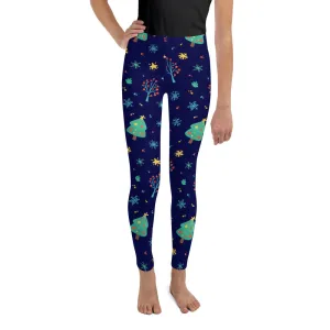 Christmas Tree Girls Leggings (8-20), Blue Youth Teen Cute Printed Kids Yoga Pants Graphic Fun Tights Gift Daughter 