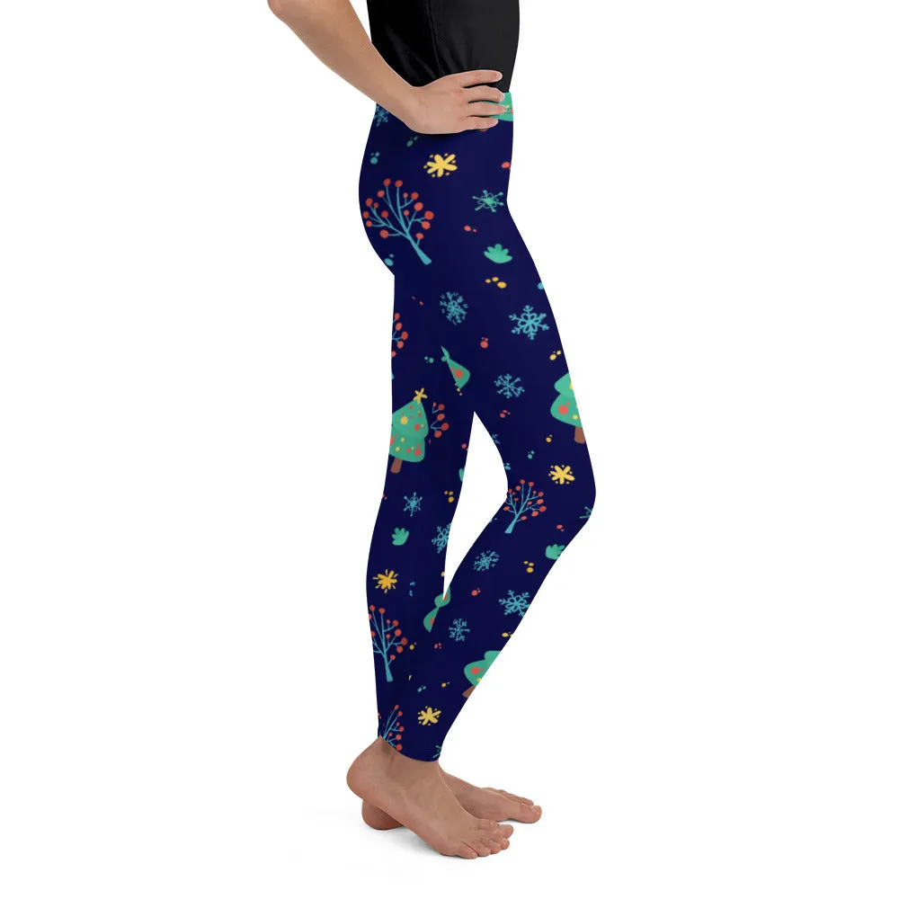 Christmas Tree Girls Leggings (8-20), Blue Youth Teen Cute Printed Kids Yoga Pants Graphic Fun Tights Gift Daughter 