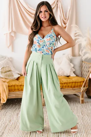 Conference Call High Rise Pleated Wide Leg Pants (Sage)