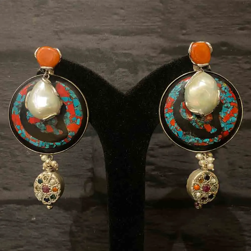 Contrast Teal And Orange Colour Circular Earrings