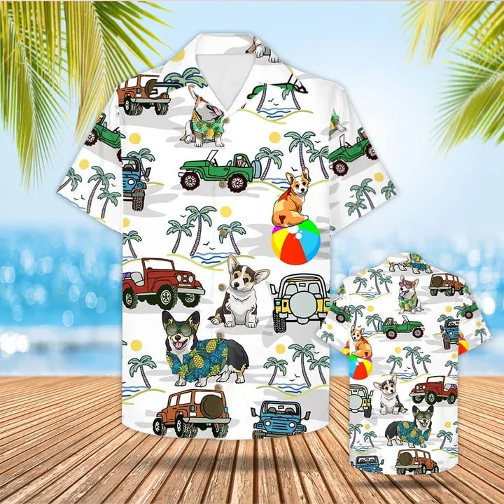 Corgi And Jeep Hawaiian Shirt Beach Shirt Gift For Corgi Mom Corgi Dad, Unisex Hawaiian Shirt