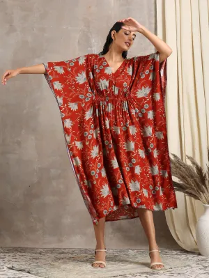 Cotton Rust Brown Floral Printed Kaftan