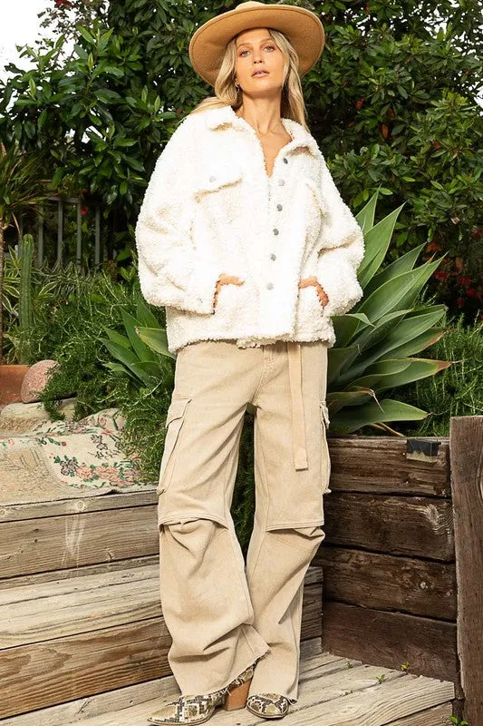 Cream Oversize Sherpa Fleece Pockets Button Down Jacket