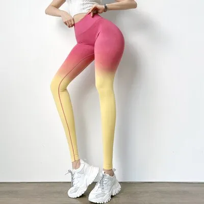 DEANWANGKT Gradient Color Energy Legging Women Workout Fitness Jogging Running Leggings Gym Tights Stretch Sportswear Yoga Pants