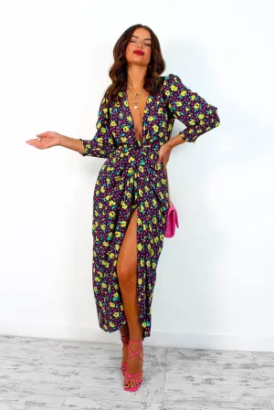 Drive Em Wild - Black Multi Rose Midi Wrap Dress