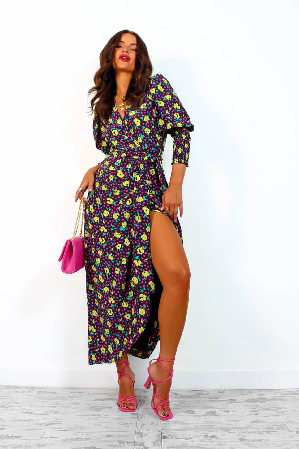Drive Em Wild - Black Multi Rose Midi Wrap Dress