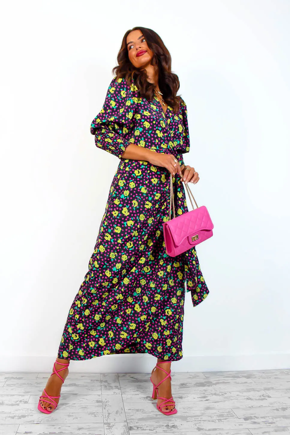 Drive Em Wild - Black Multi Rose Midi Wrap Dress