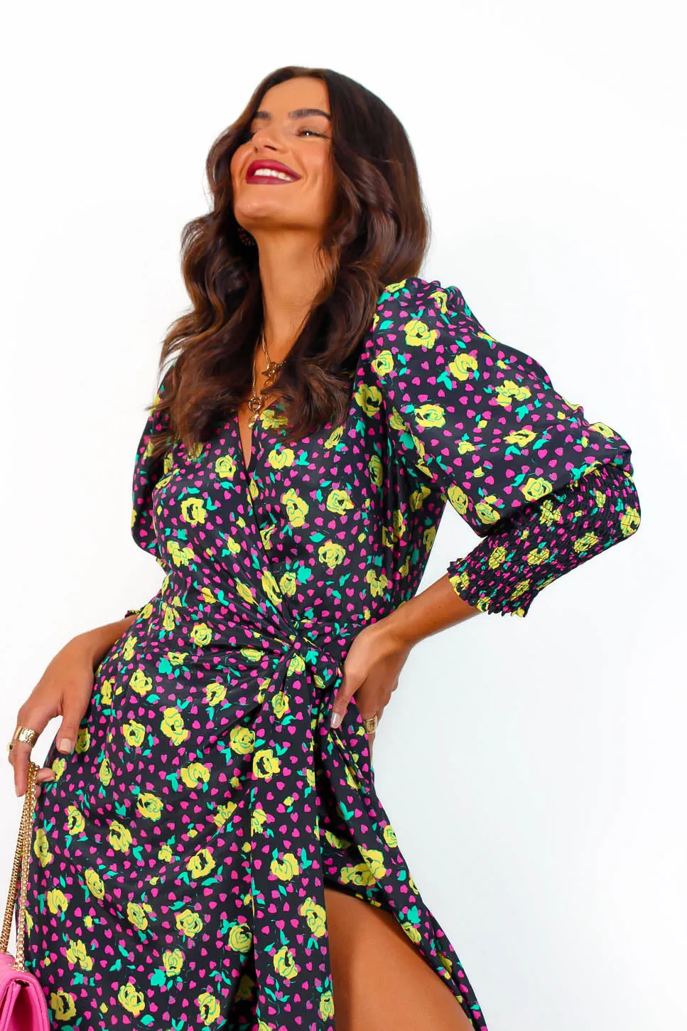 Drive Em Wild - Black Multi Rose Midi Wrap Dress