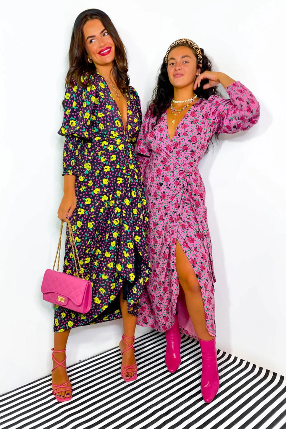 Drive Em Wild - Black Multi Rose Midi Wrap Dress