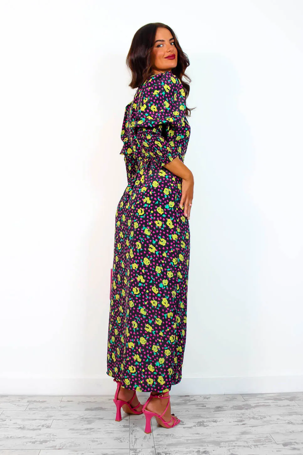 Drive Em Wild - Black Multi Rose Midi Wrap Dress