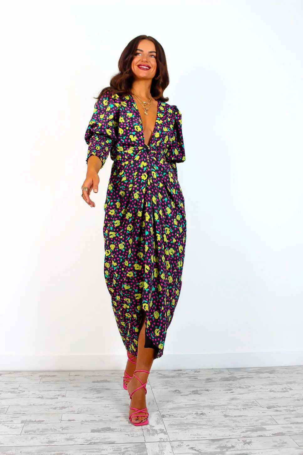Drive Em Wild - Black Multi Rose Midi Wrap Dress