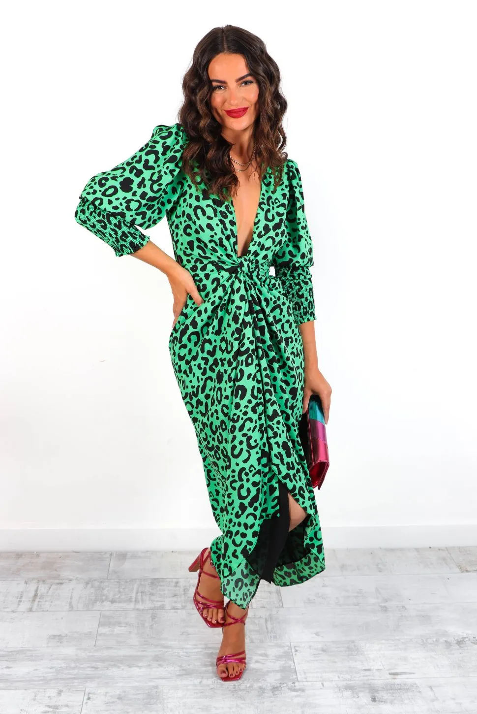 Drive Em Wild - Green Black Leopard Midi Wrap Dress