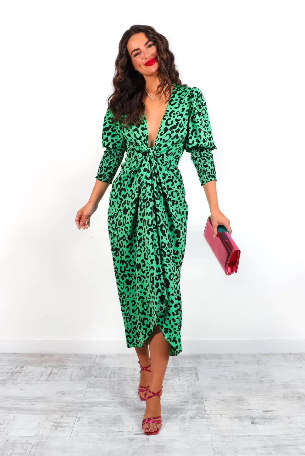 Drive Em Wild - Green Black Leopard Midi Wrap Dress