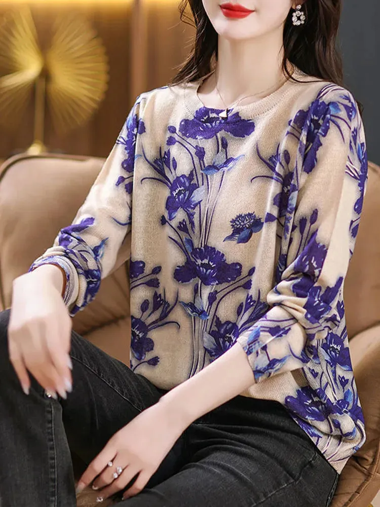Elegant Floral Printed Sweaters - Women's Fashion Loose Knitwear