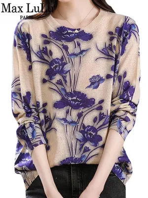 Elegant Floral Printed Sweaters - Women's Fashion Loose Knitwear