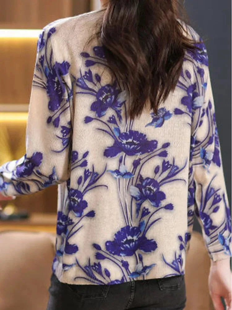 Elegant Floral Printed Sweaters - Women's Fashion Loose Knitwear