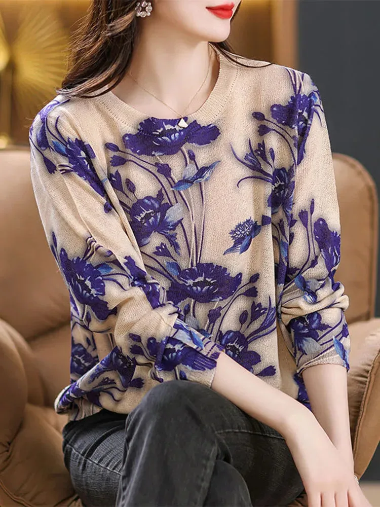 Elegant Floral Printed Sweaters - Women's Fashion Loose Knitwear
