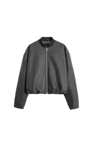 Faux Leather Oversized Cropped Bomber - Charcoal