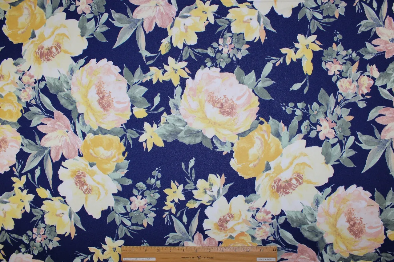 Floral Crepe Finish ITY - Yellow Tones on Blue
