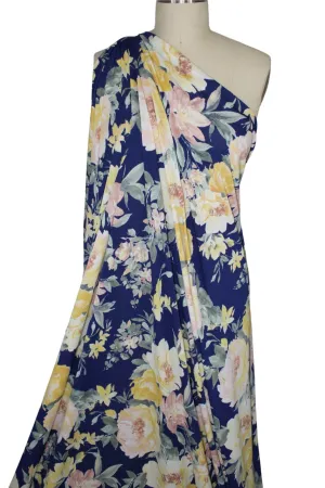 Floral Crepe Finish ITY - Yellow Tones on Blue