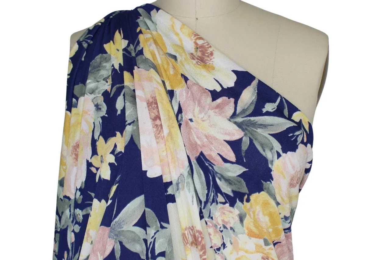 Floral Crepe Finish ITY - Yellow Tones on Blue