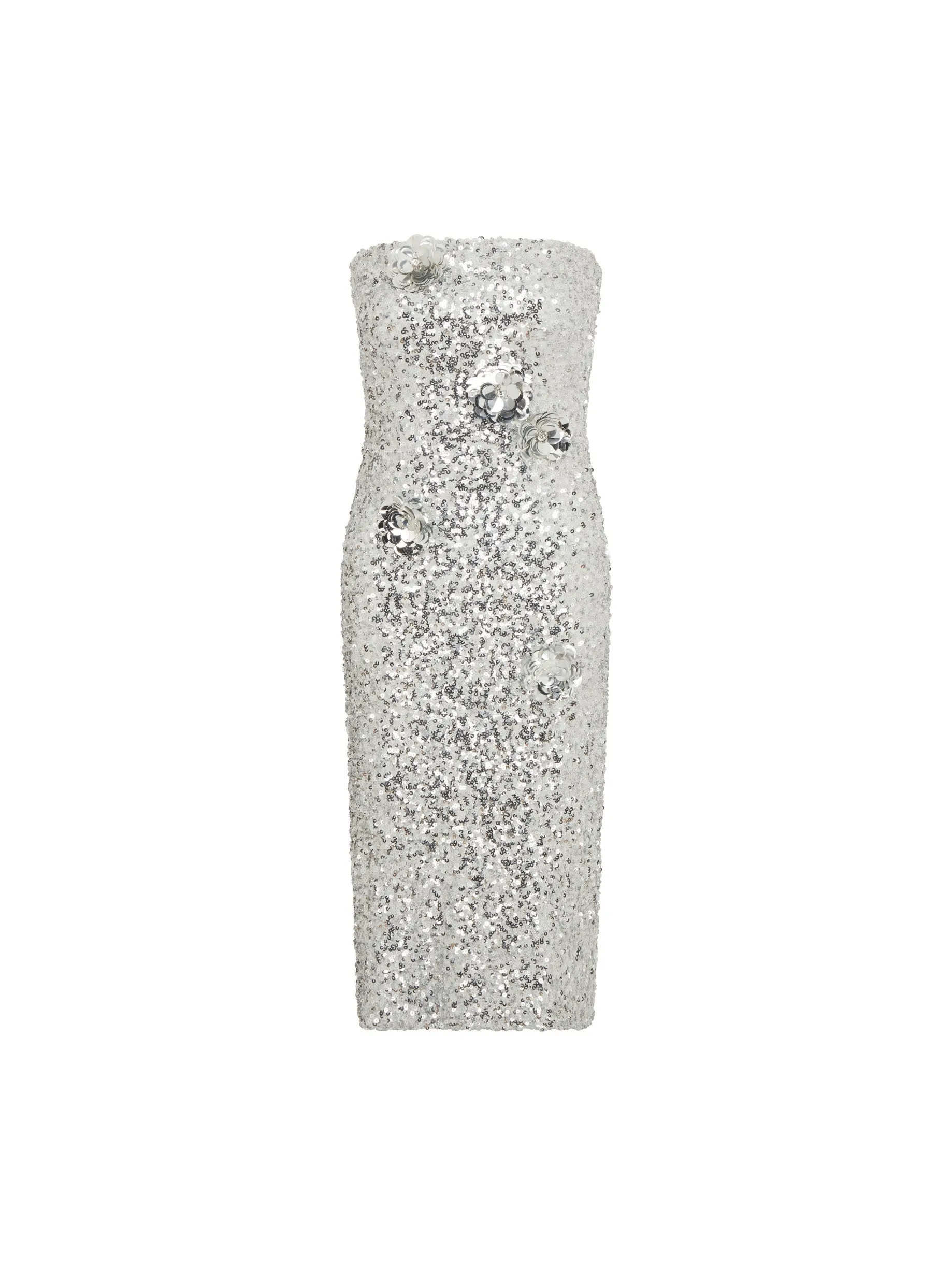 Floral Embellished Sequin Dress in Silver