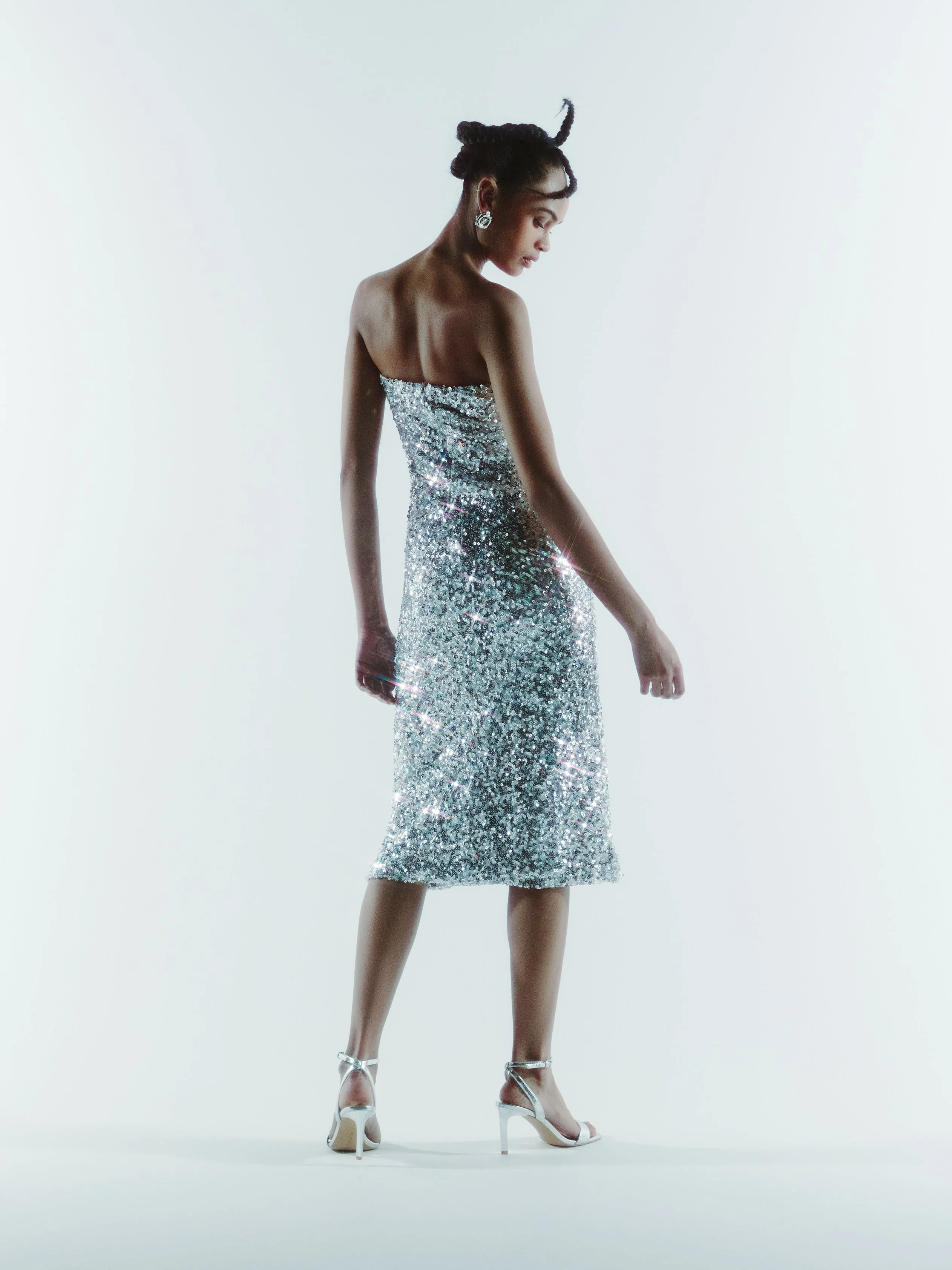 Floral Embellished Sequin Dress in Silver