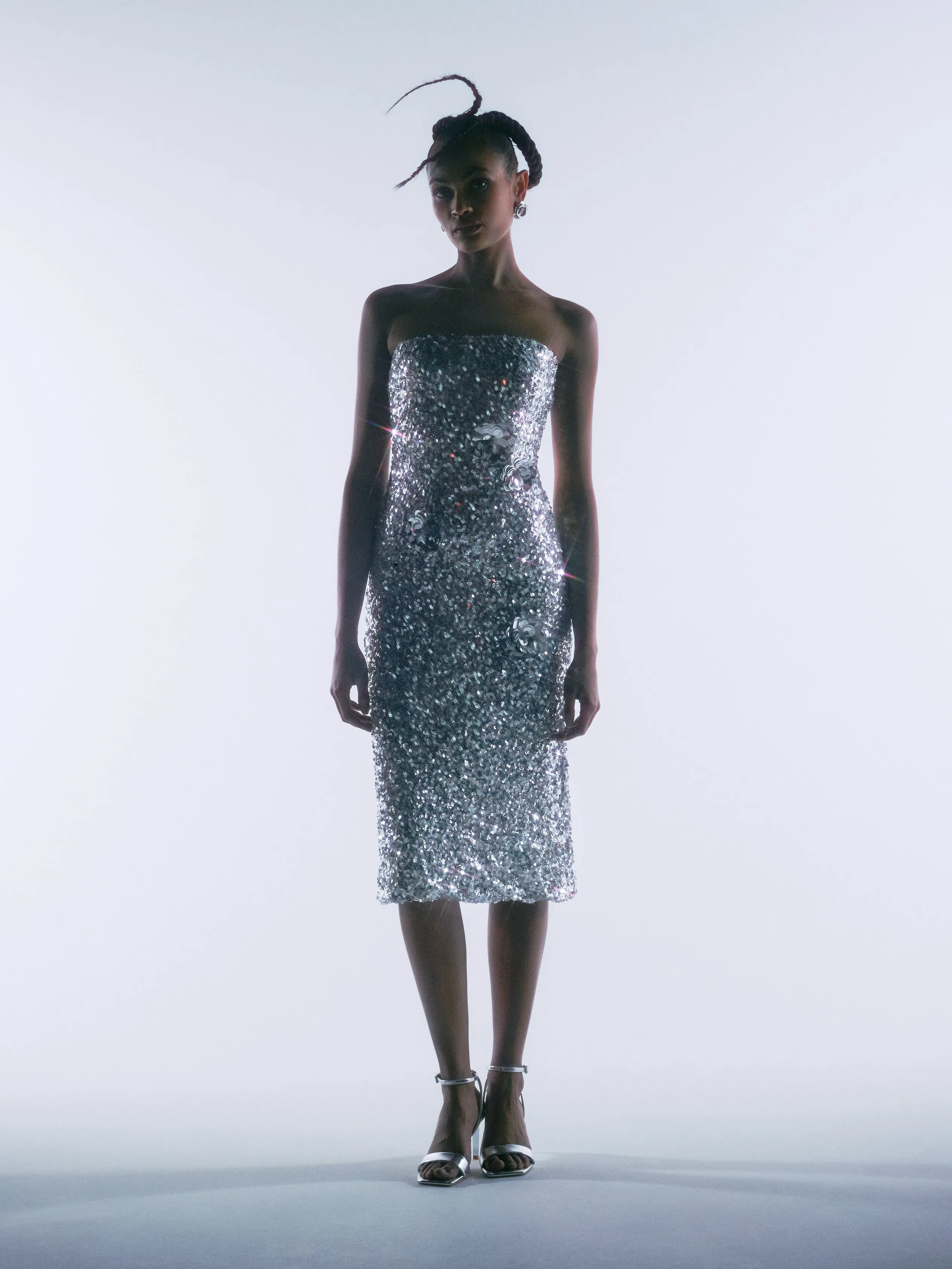 Floral Embellished Sequin Dress in Silver