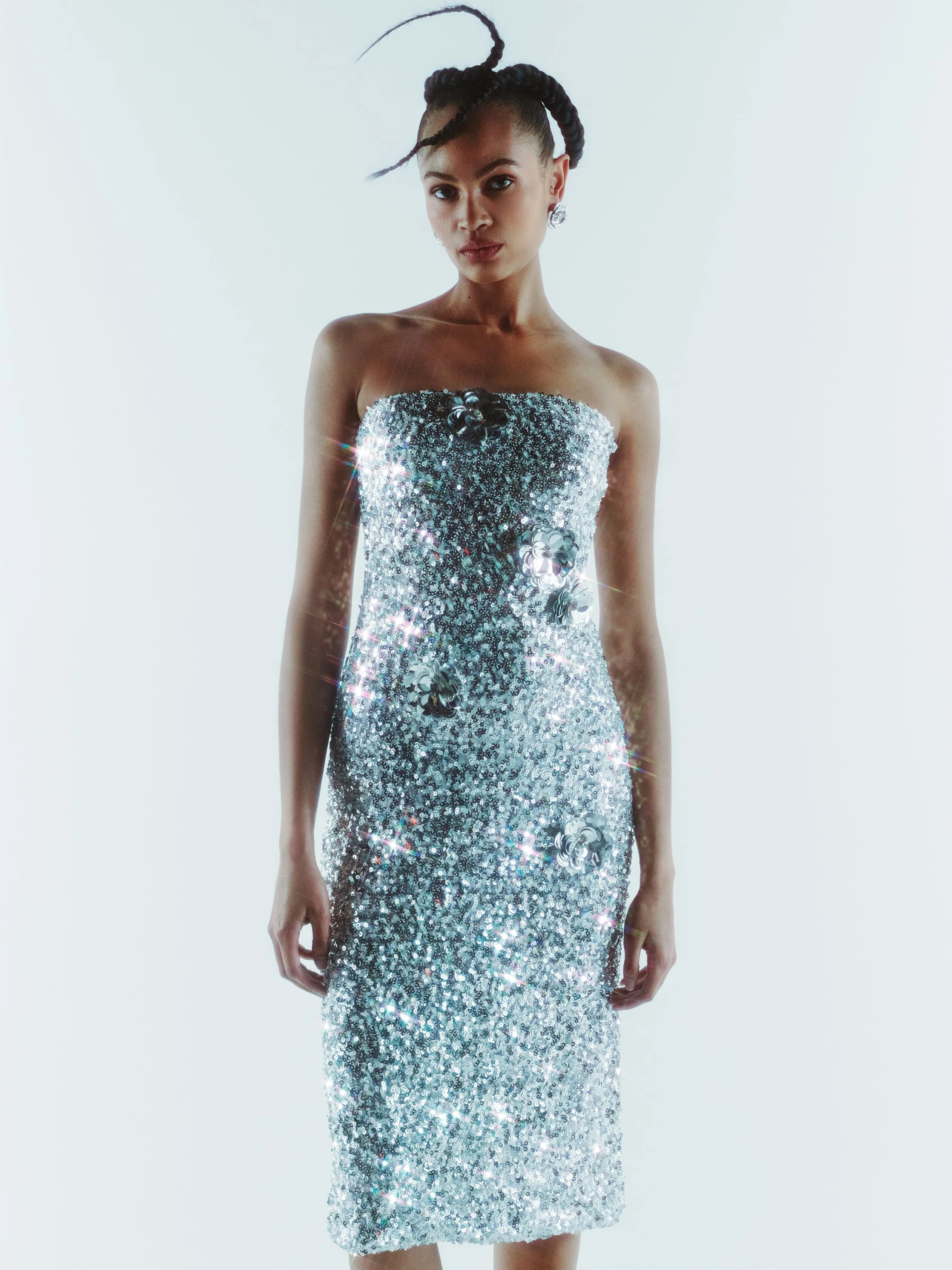 Floral Embellished Sequin Dress in Silver