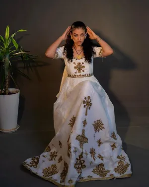 Golden Cross Engraved Traditional Ethiopian Dress: Classic Look with Habesha Dress Beautiful Habesha Kemis