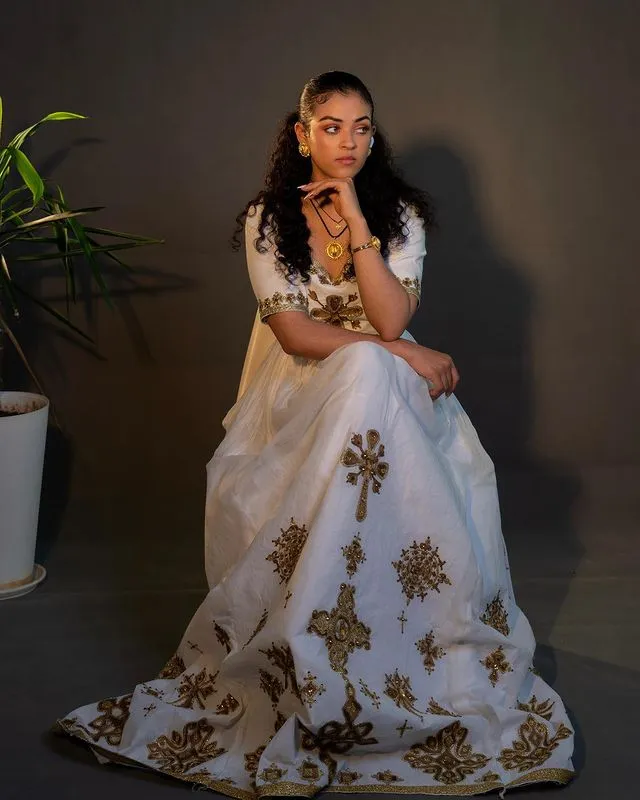 Golden Cross Engraved Traditional Ethiopian Dress: Classic Look with Habesha Dress Beautiful Habesha Kemis