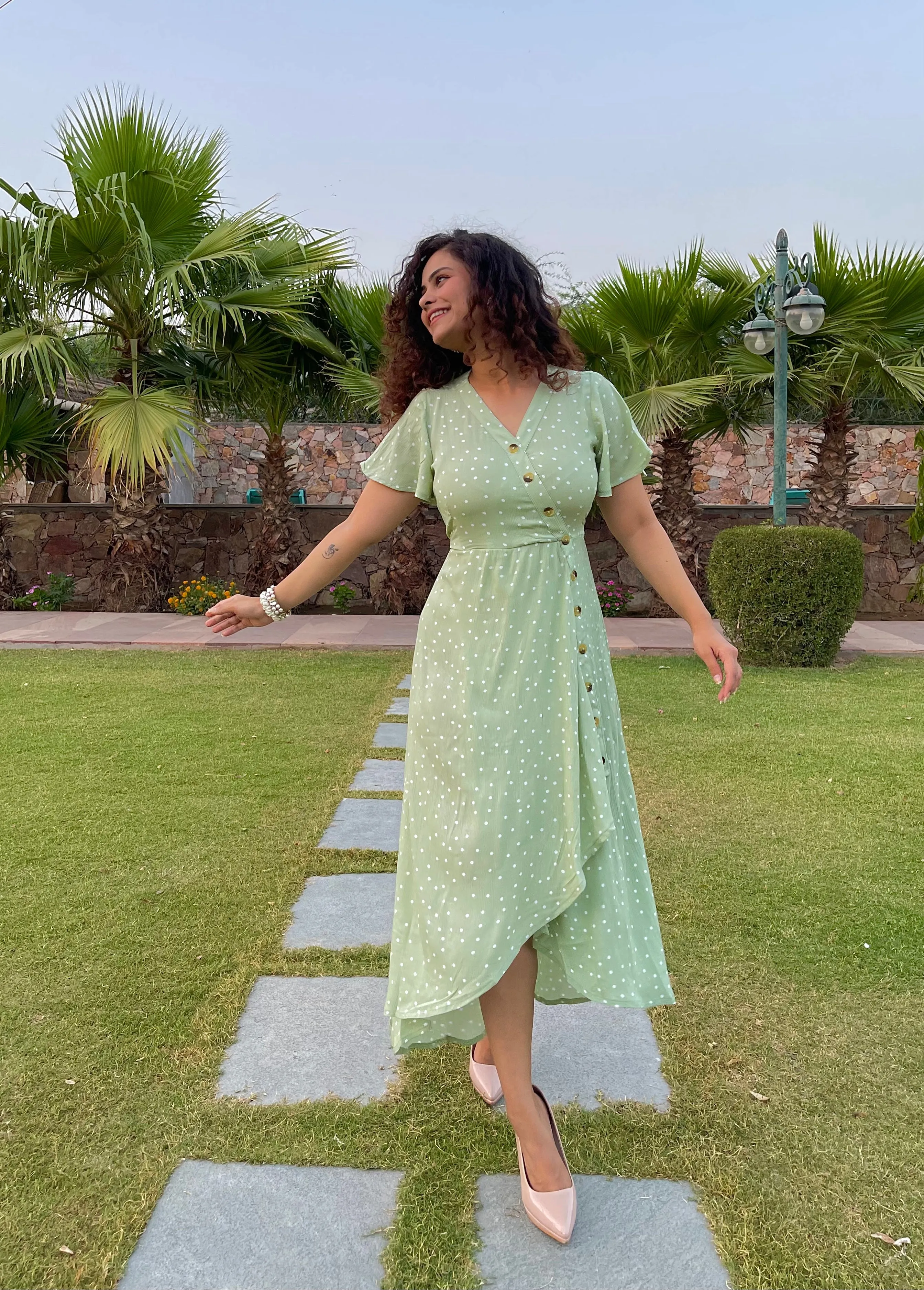 Green Polka Print Midi Dress