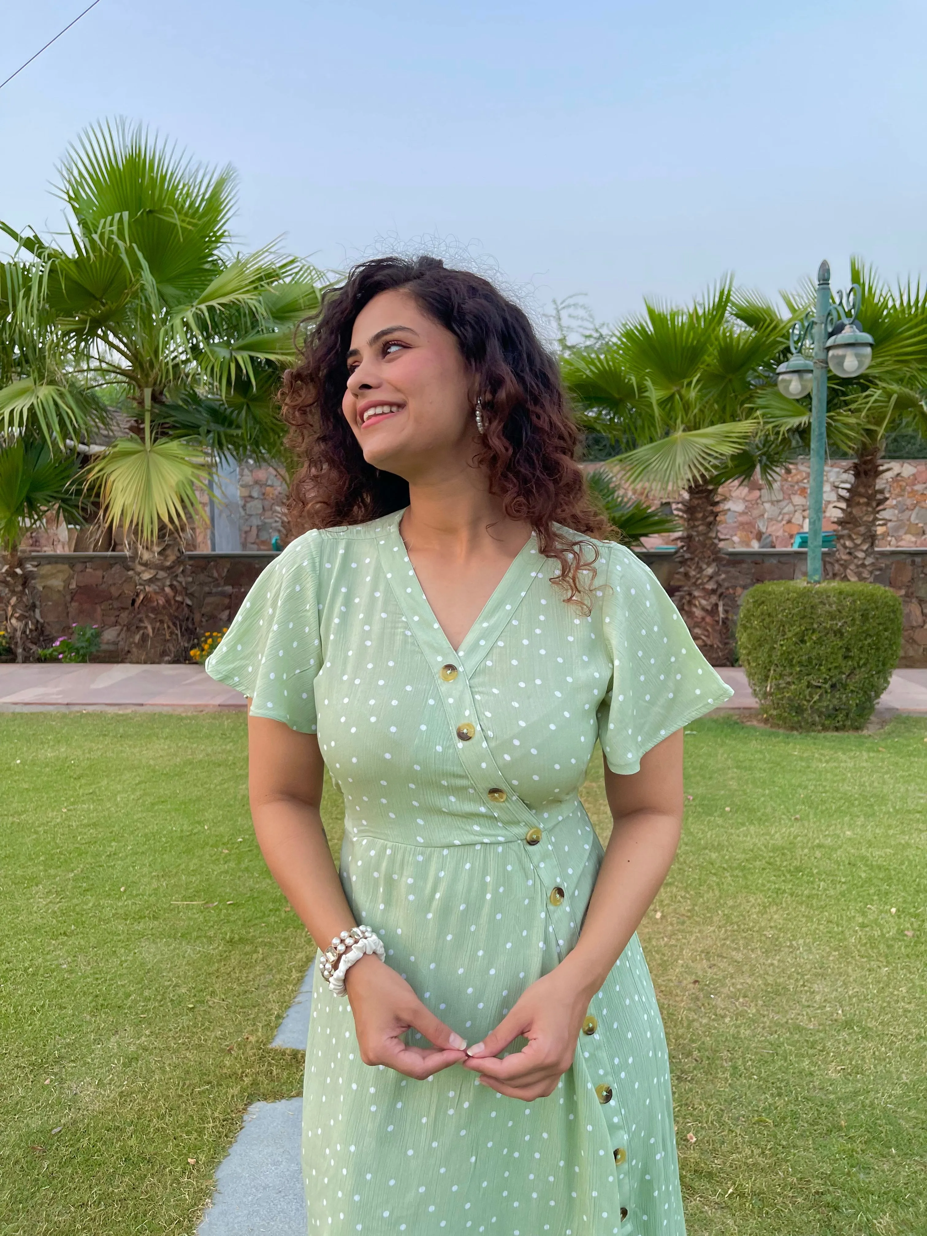 Green Polka Print Midi Dress