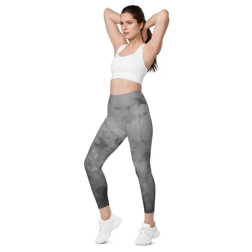 Grey Abstract Women's Leggings, Abstract Best Leggings With Pockets For Women - Made in USA/EU/MX