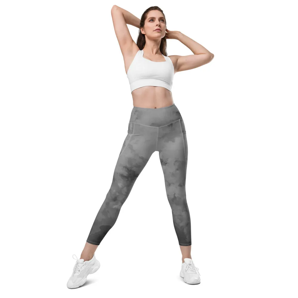 Grey Abstract Women's Leggings, Abstract Best Leggings With Pockets For Women - Made in USA/EU/MX