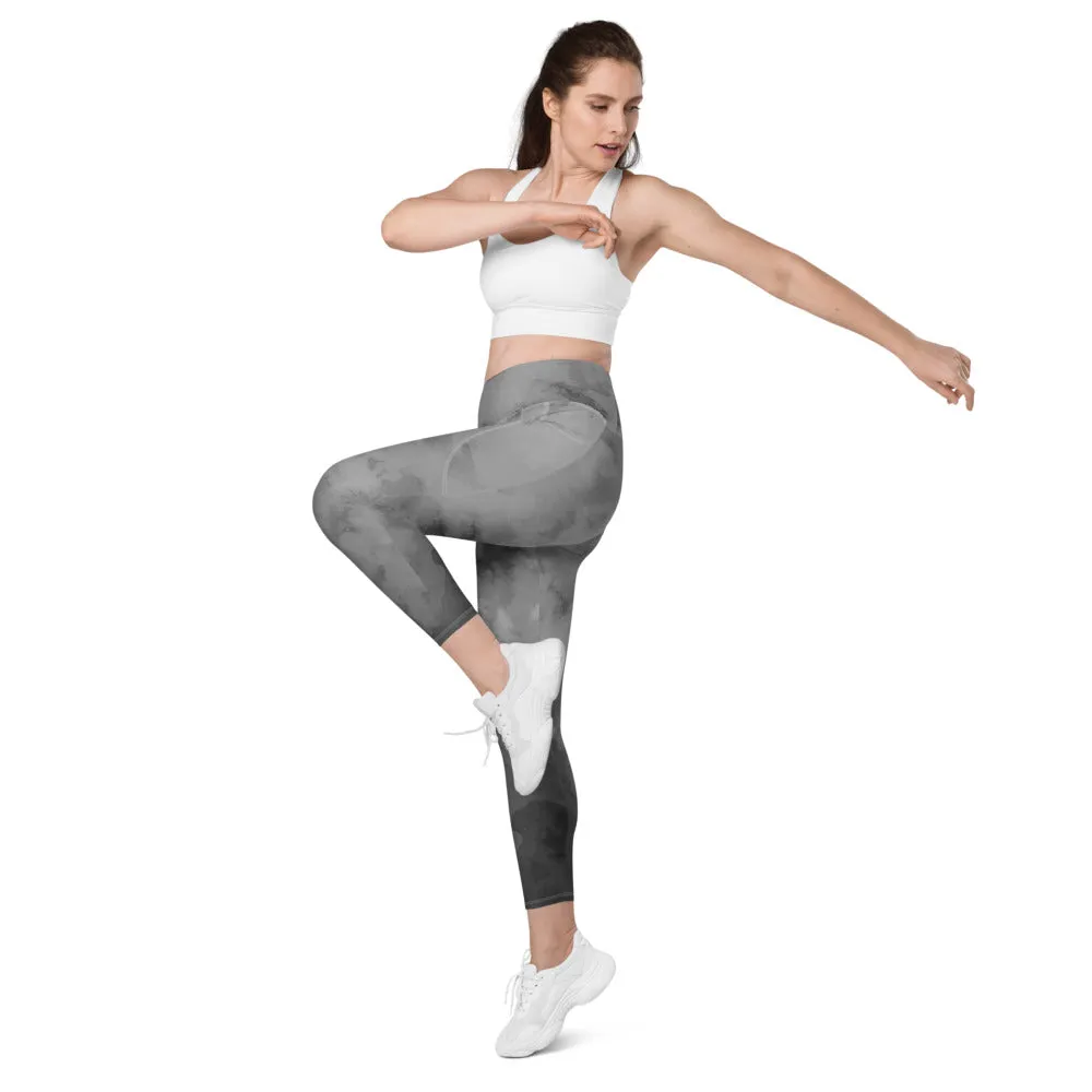 Grey Abstract Women's Leggings, Abstract Best Leggings With Pockets For Women - Made in USA/EU/MX
